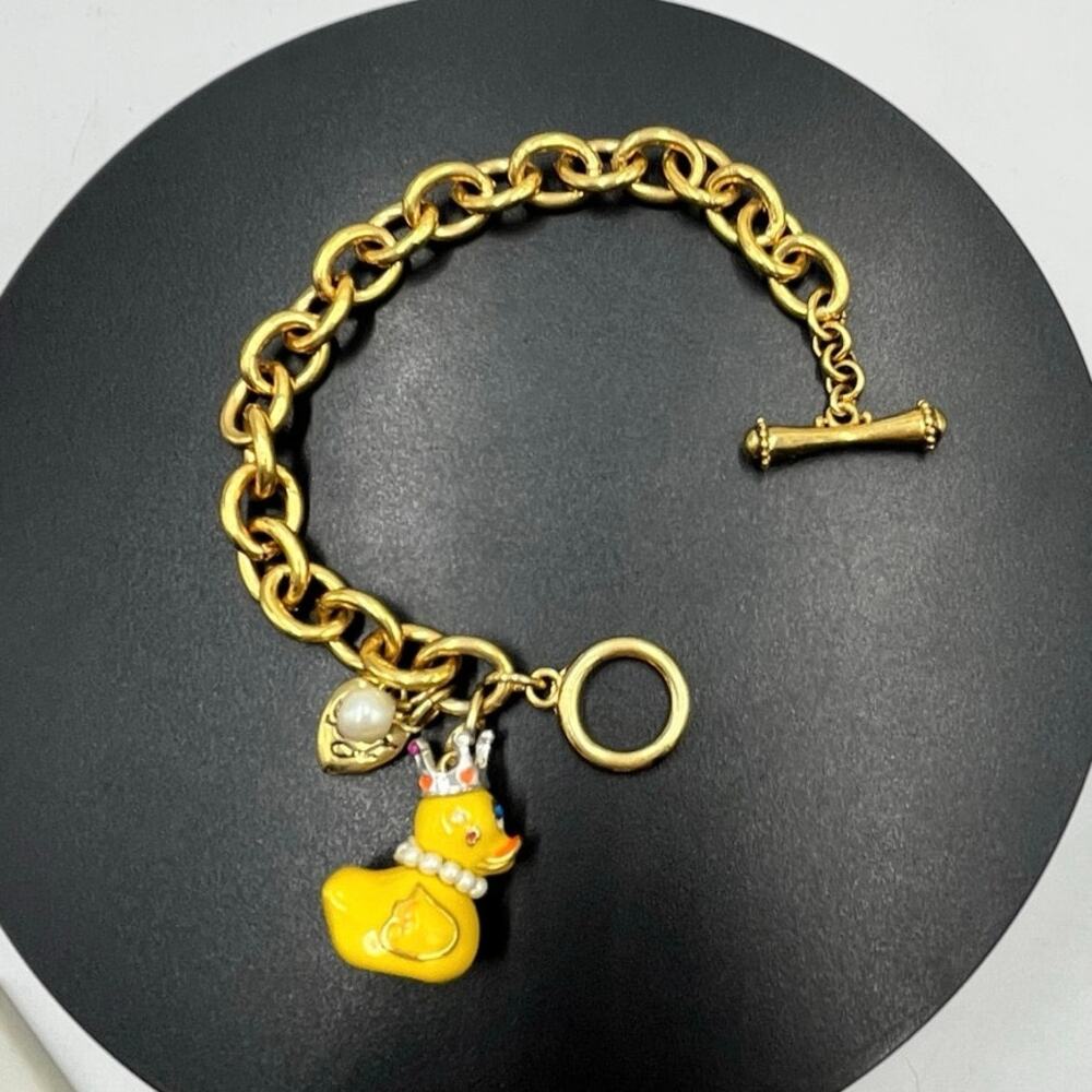 Betsey Johnson Gold Chain Charm Bracelet Yellow Rubber DuckCrown Pearl‎ Designer
